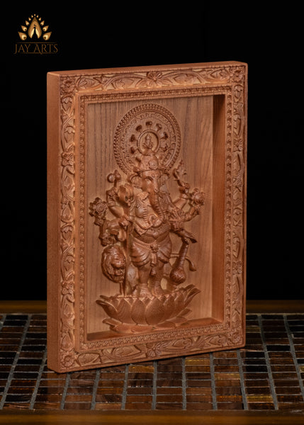 9" Drishti Ganapathi Wood Carving | 8-Armed Ganesha Wall Panel