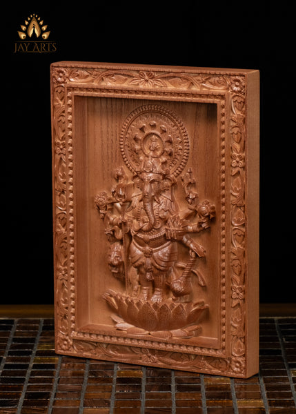 9" Drishti Ganapathi Wood Carving | 8-Armed Ganesha Wall Panel