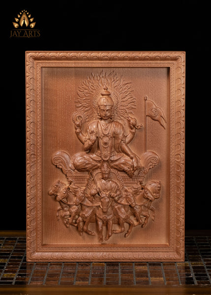 13" Sun God Wood Wall Panel with Galloping Seven Horses & Charioteer Aruna