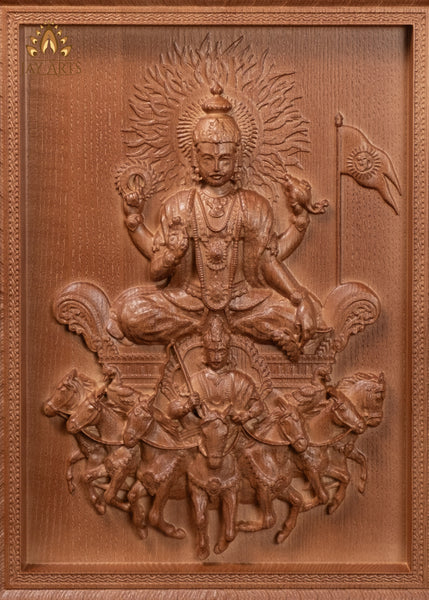 13" Sun God Wood Wall Panel with Galloping Seven Horses & Charioteer Aruna