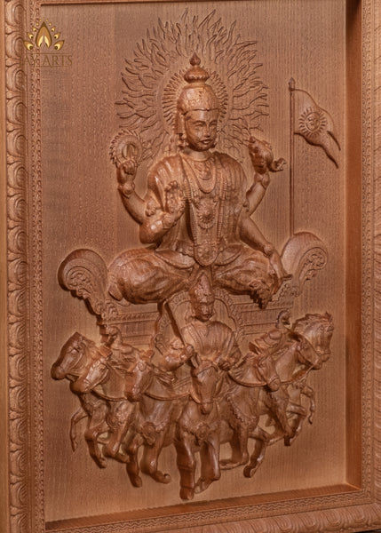 13" Sun God Wood Wall Panel with Galloping Seven Horses & Charioteer Aruna