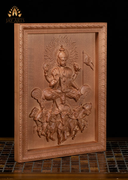 13" Sun God Wood Wall Panel with Galloping Seven Horses & Charioteer Aruna