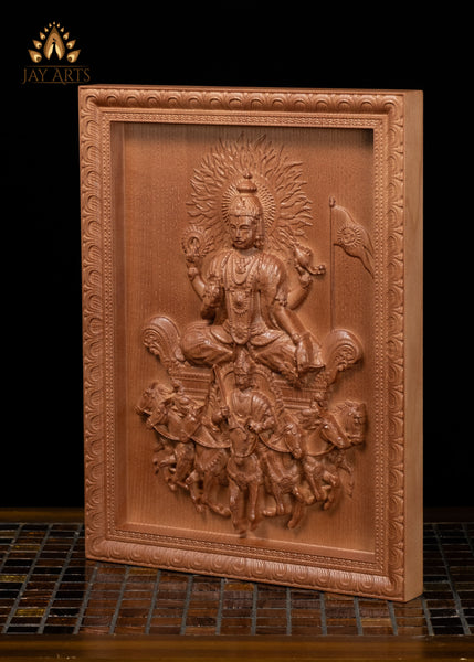 13" Sun God Wood Wall Panel with Galloping Seven Horses & Charioteer Aruna