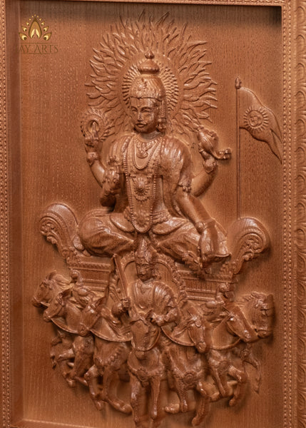 13" Sun God Wood Wall Panel with Galloping Seven Horses & Charioteer Aruna