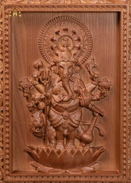 13" Drishti Ganapathi Wood Wall Panel | 8-Armed Ganesha with Sacred Attributes