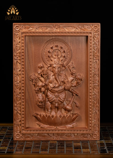 13" Drishti Ganapathi Wood Wall Panel | 8-Armed Ganesha with Sacred Attributes