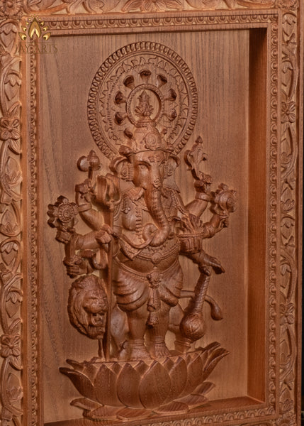 13" Drishti Ganapathi Wood Wall Panel | 8-Armed Ganesha with Sacred Attributes