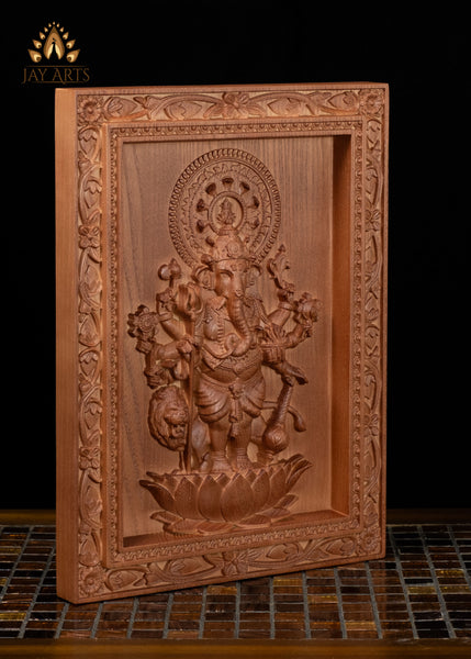 13" Drishti Ganapathi Wood Wall Panel | 8-Armed Ganesha with Sacred Attributes
