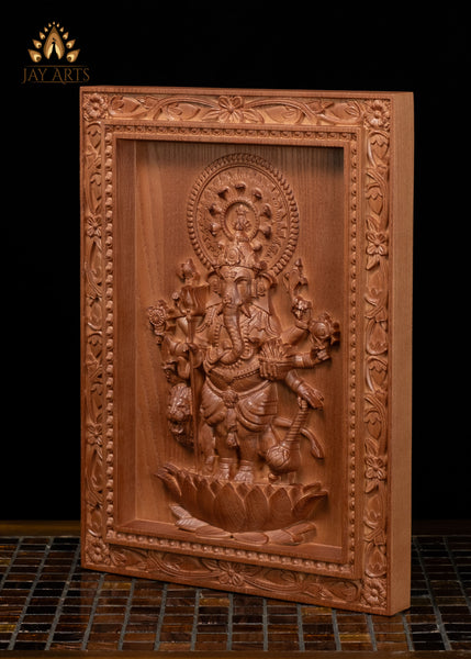 13" Drishti Ganapathi Wood Wall Panel | 8-Armed Ganesha with Sacred Attributes