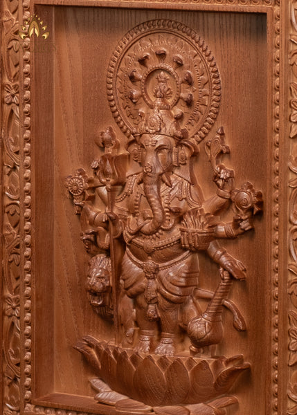 13" Drishti Ganapathi Wood Wall Panel | 8-Armed Ganesha with Sacred Attributes