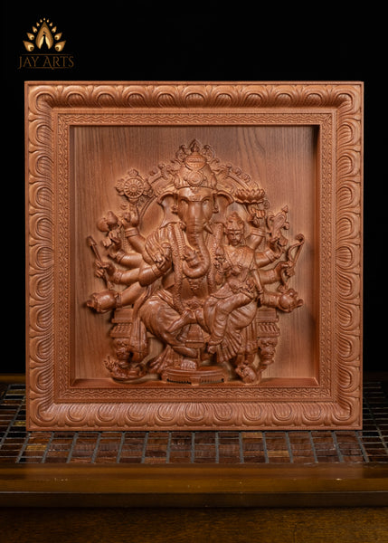 13" Vallabha Ganapati Wood Carving with 10 Arms and Expressive Face | Ganapati & Shakti Wall Panel