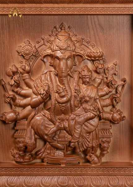 13" Vallabha Ganapati Wood Carving with 10 Arms and Expressive Face | Ganapati & Shakti Wall Panel