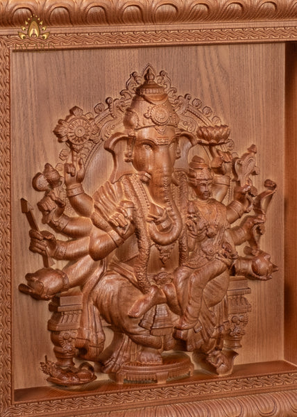 13" Vallabha Ganapati Wood Carving with 10 Arms and Expressive Face | Ganapati & Shakti Wall Panel