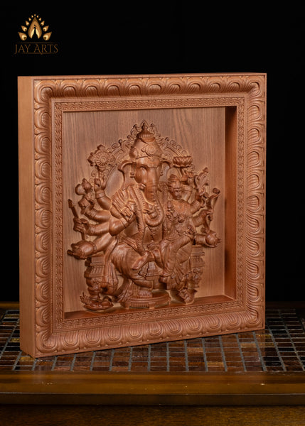 13" Vallabha Ganapati Wood Carving with 10 Arms and Expressive Face | Ganapati & Shakti Wall Panel