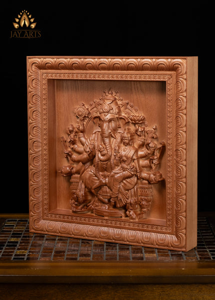13" Vallabha Ganapati Wood Carving with 10 Arms and Expressive Face | Ganapati & Shakti Wall Panel