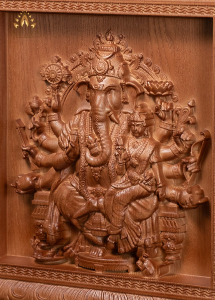 13" Vallabha Ganapati Wood Carving with 10 Arms and Expressive Face | Ganapati & Shakti Wall Panel