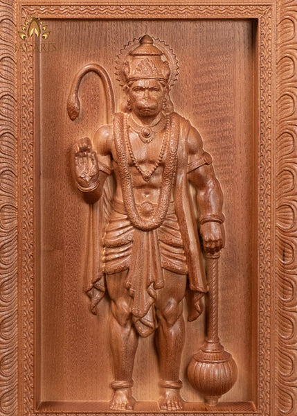 13" Hanuman Wood Carving Wall Panel with Mace & Abhaya Mudra