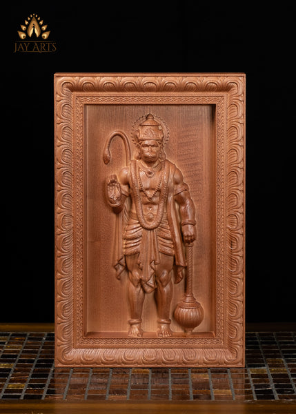 13" Hanuman Wood Carving Wall Panel with Mace & Abhaya Mudra