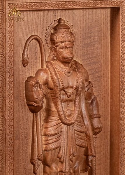 13" Hanuman Wood Carving Wall Panel with Mace & Abhaya Mudra