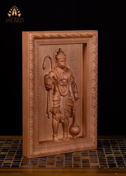 13" Hanuman Wood Carving Wall Panel with Mace & Abhaya Mudra
