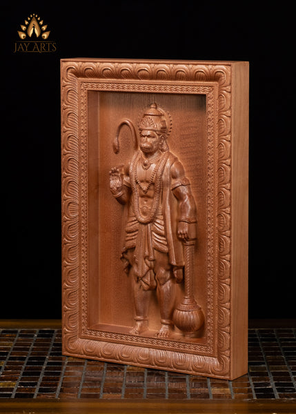13" Hanuman Wood Carving Wall Panel with Mace & Abhaya Mudra