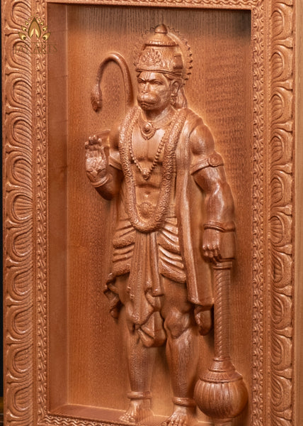 13" Hanuman Wood Carving Wall Panel with Mace & Abhaya Mudra