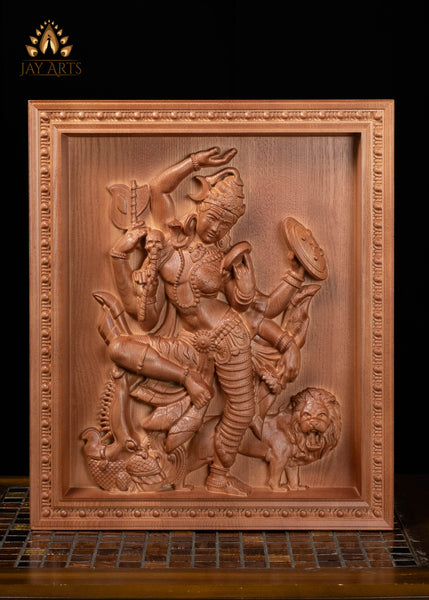 16" Ardhanarishvara Wood Carving Wall Panel | Shiva & Parvati Holding Sacred Symbols