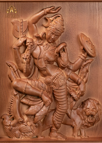 16" Ardhanarishvara Wood Carving Wall Panel | Shiva & Parvati Holding Sacred Symbols