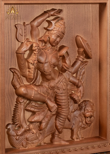 16" Ardhanarishvara Wood Carving Wall Panel | Shiva & Parvati Holding Sacred Symbols