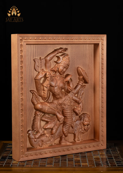 16" Ardhanarishvara Wood Carving Wall Panel | Shiva & Parvati Holding Sacred Symbols