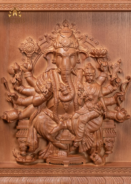16" Vallabha Ganapati with Devi Wood Carving | Ganesha Wall Panel