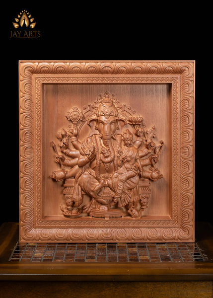 16" Vallabha Ganapati with Devi Wood Carving | Ganesha Wall Panel