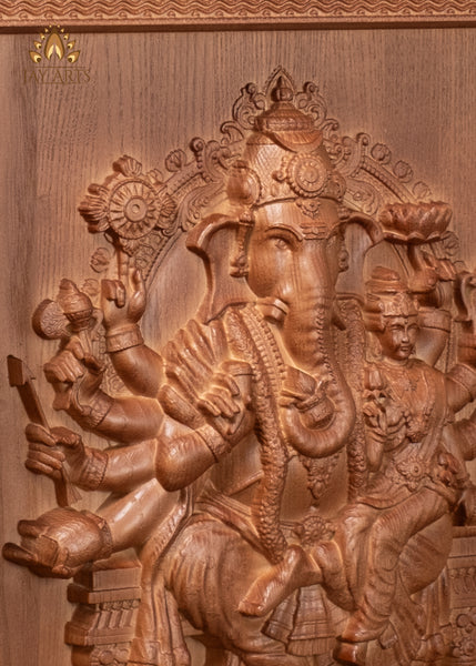 16" Vallabha Ganapati with Devi Wood Carving | Ganesha Wall Panel