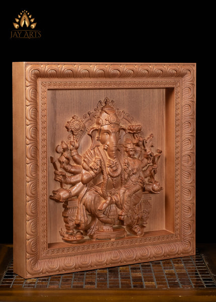 16" Vallabha Ganapati with Devi Wood Carving | Ganesha Wall Panel