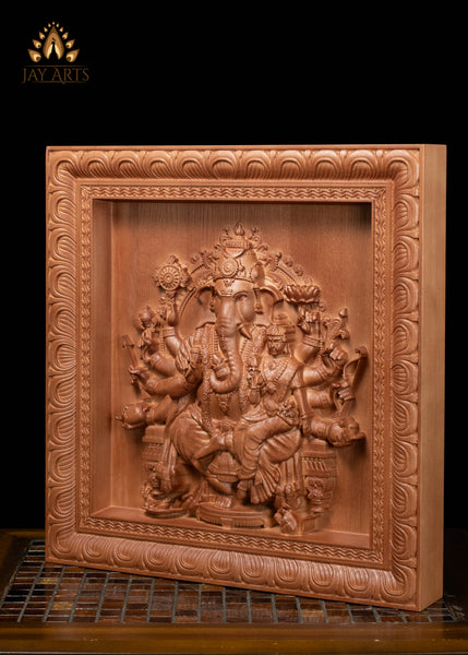 16" Vallabha Ganapati with Devi Wood Carving | Ganesha Wall Panel