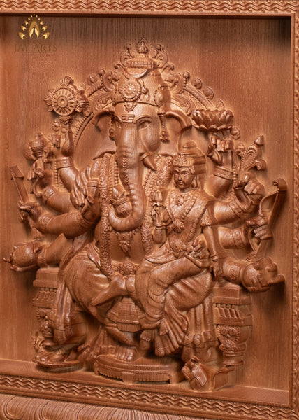 16" Vallabha Ganapati with Devi Wood Carving | Ganesha Wall Panel