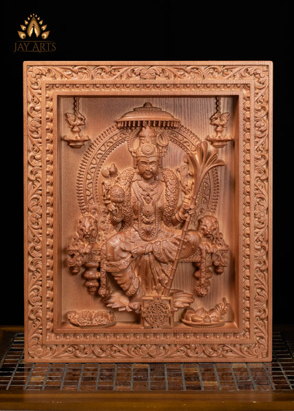 16" Lalita Devi Wood Carving Wall Panel with Sri Chakra & Lion Armrests