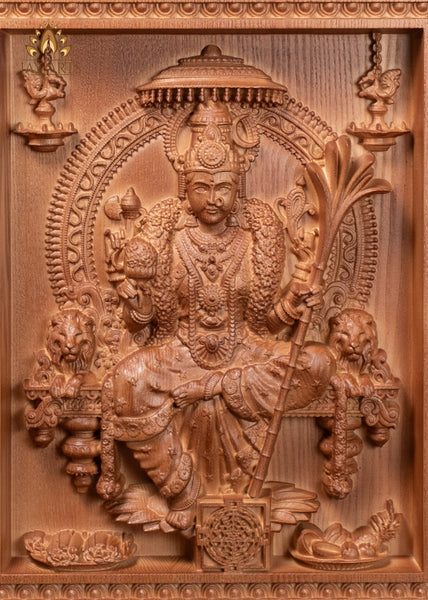 16" Lalita Devi Wood Carving Wall Panel with Sri Chakra & Lion Armrests