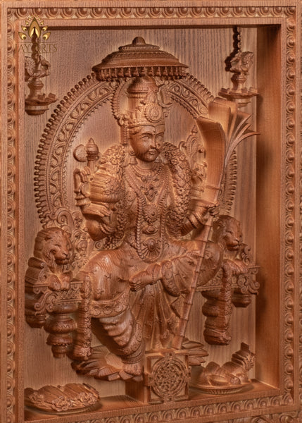 16" Lalita Devi Wood Carving Wall Panel with Sri Chakra & Lion Armrests