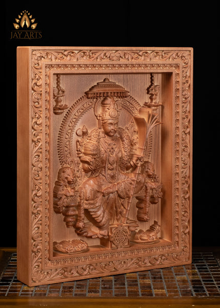 16" Lalita Devi Wood Carving Wall Panel with Sri Chakra & Lion Armrests