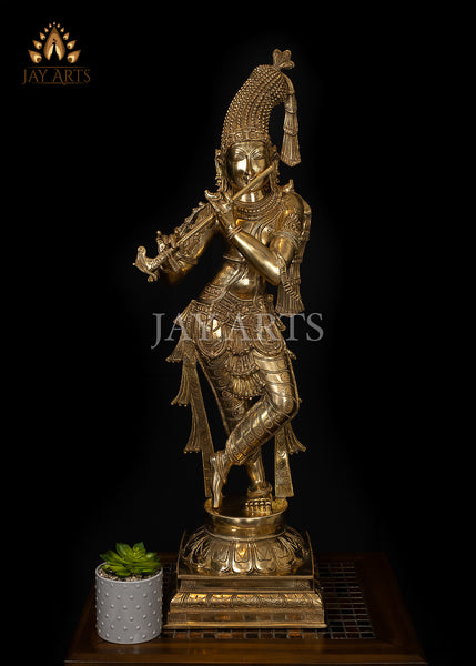 Crowned Murlidhar 35" Brass Krishna Statue