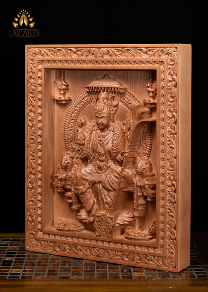 16" Lalita Devi Wood Carving Wall Panel with Sri Chakra & Lion Armrests