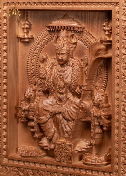 16" Lalita Devi Wood Carving Wall Panel with Sri Chakra & Lion Armrests