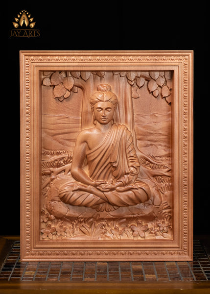 16" Gandhara Style Buddha Wood Carving in Dhyana Mudra |  Buddhist Art Wall Panel