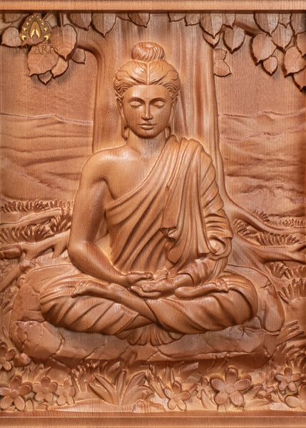 16" Gandhara Style Buddha Wood Carving in Dhyana Mudra |  Buddhist Art Wall Panel
