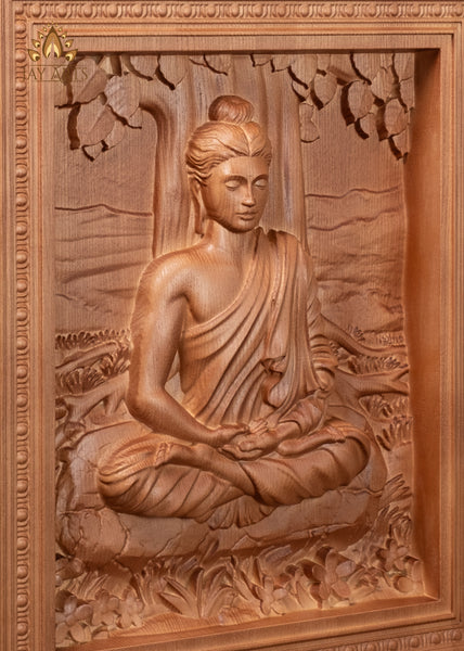 16" Gandhara Style Buddha Wood Carving in Dhyana Mudra |  Buddhist Art Wall Panel