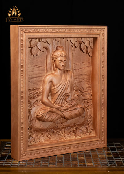 16" Gandhara Style Buddha Wood Carving in Dhyana Mudra |  Buddhist Art Wall Panel