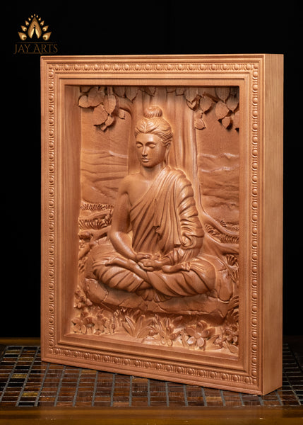 16" Gandhara Style Buddha Wood Carving in Dhyana Mudra |  Buddhist Art Wall Panel