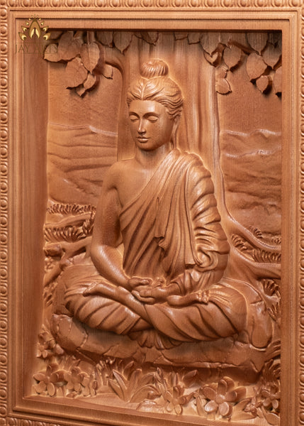 16" Gandhara Style Buddha Wood Carving in Dhyana Mudra |  Buddhist Art Wall Panel