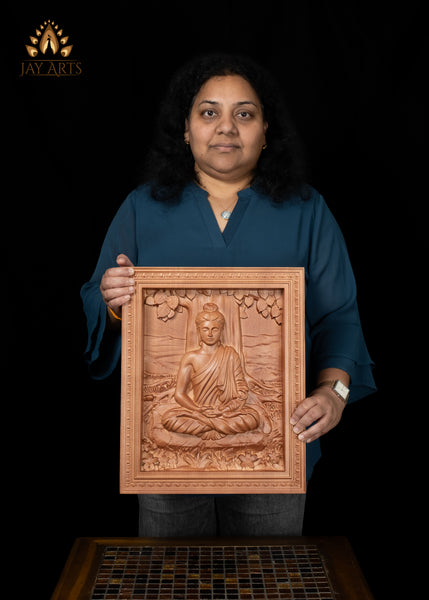 16" Gandhara Style Buddha Wood Carving in Dhyana Mudra |  Buddhist Art Wall Panel